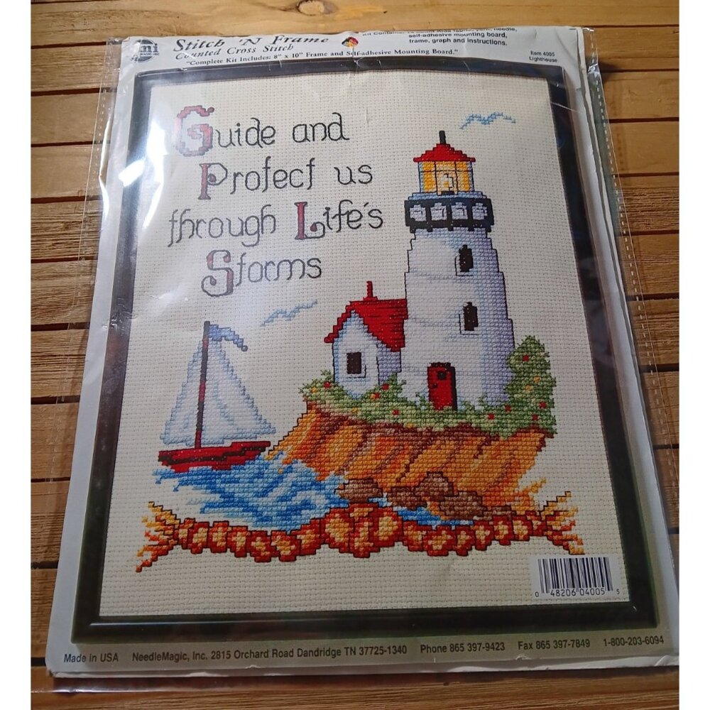 Vintage NMI Stitch N Frame Cross Stitch Kit Lighthouse Guide and Protect Us 8x10